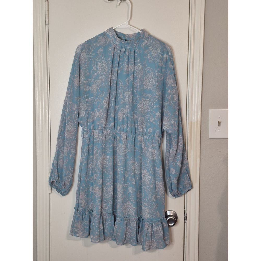 Altar'd State Large Blue Paisley Dress Mock Neck Long Sleeve Ruffle Hem Boho